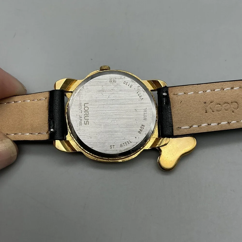 Vtg Lorus Womens Watch 30mm Disney Goofy Gold Tone Black Leather New Battery
